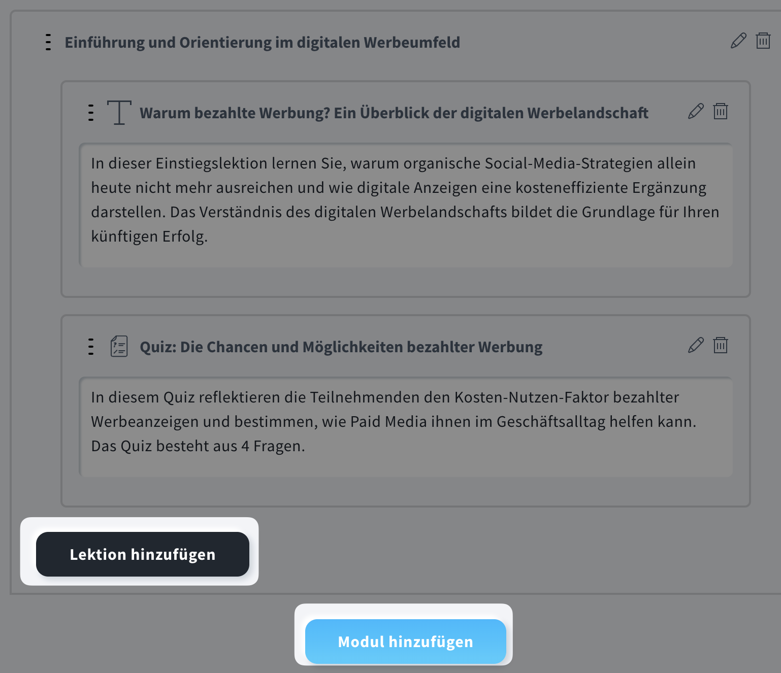 Lektion hinzufügen-Schaltfläche