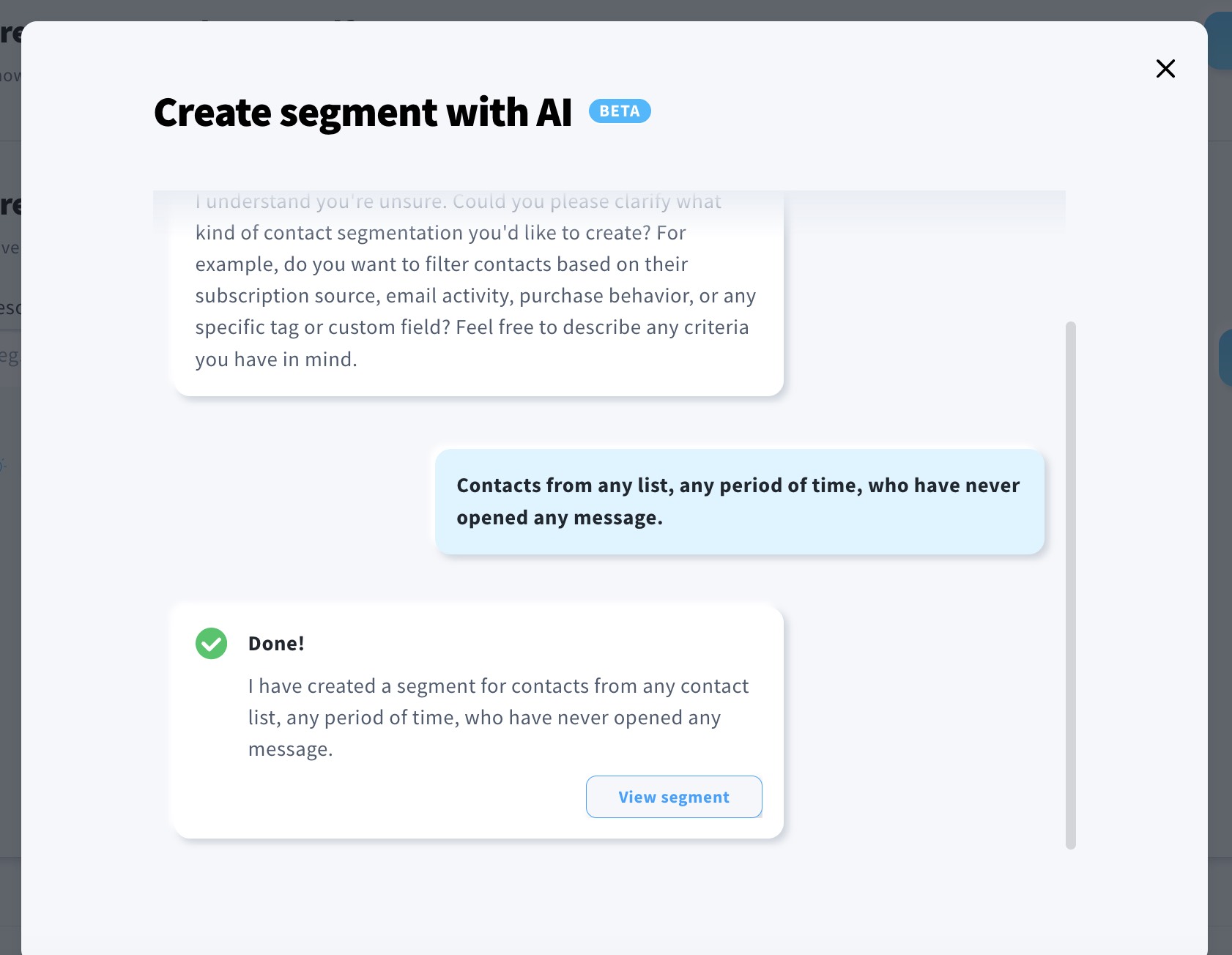 A popup that displays when creating an AI segment, showing the completed segment generation.