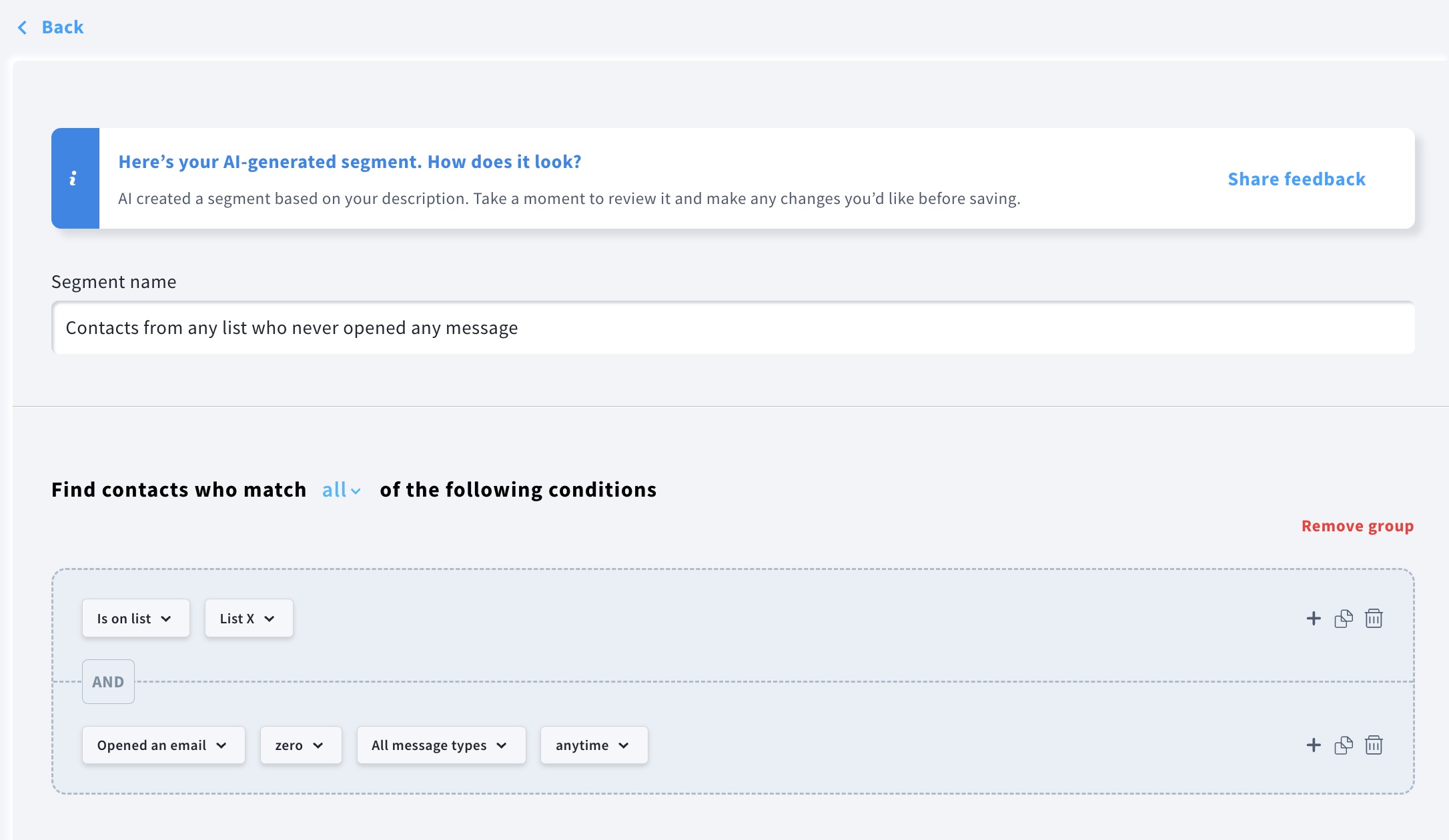 A segment settings page that allows you to adjust the segment name and condition logic.