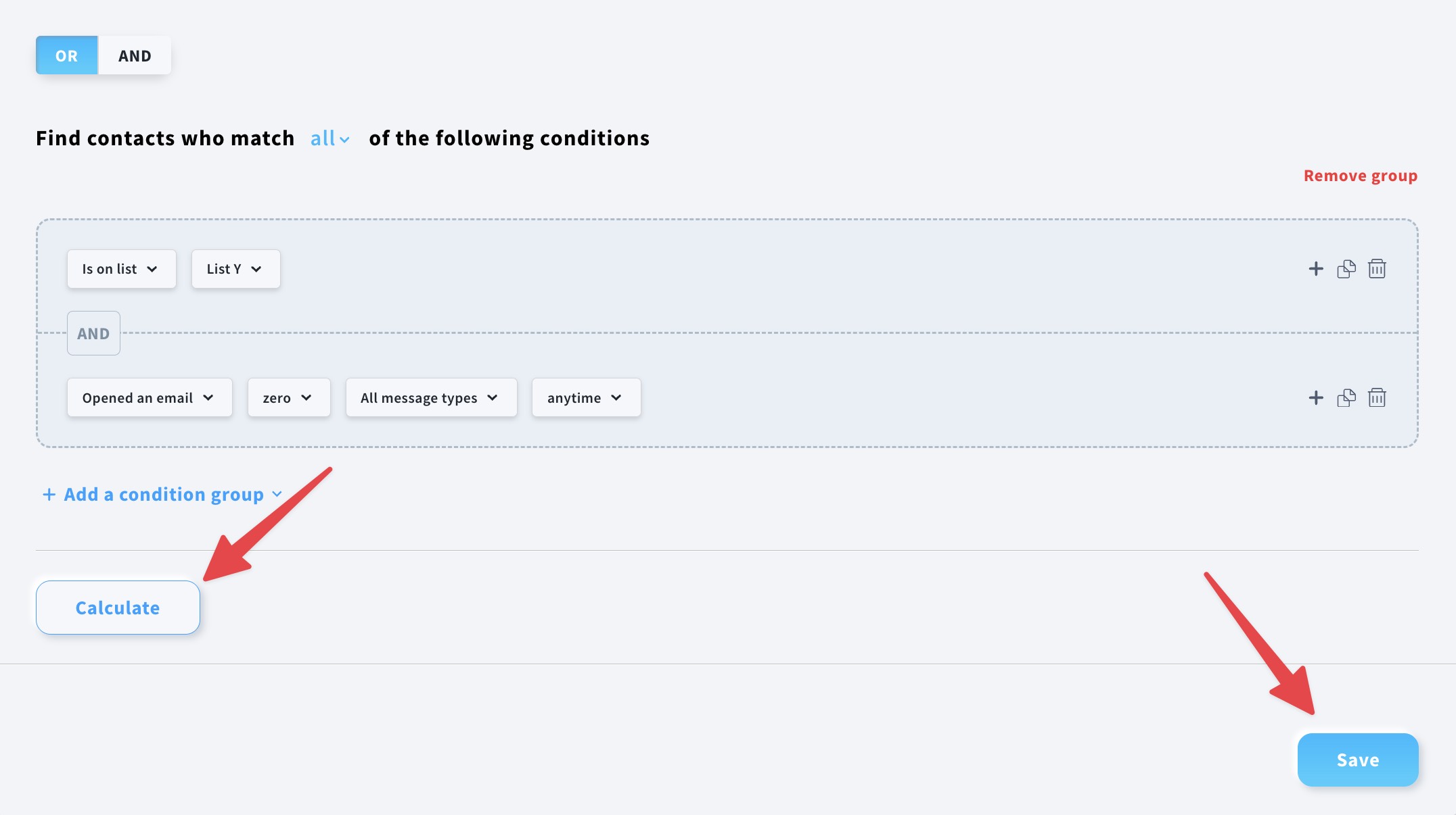The "save" and "calculate" buttons on the segment settings page.