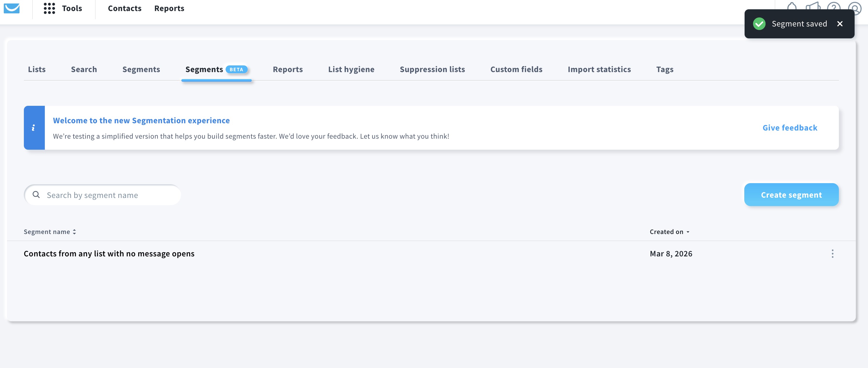 Manage segments (BETA) view, after successfully creating an AI segment.