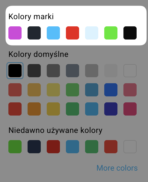 Pole wyboru koloru w edytorze wiadomości GetResponse z zaznaczonymi domyślnymi kolorami marki.