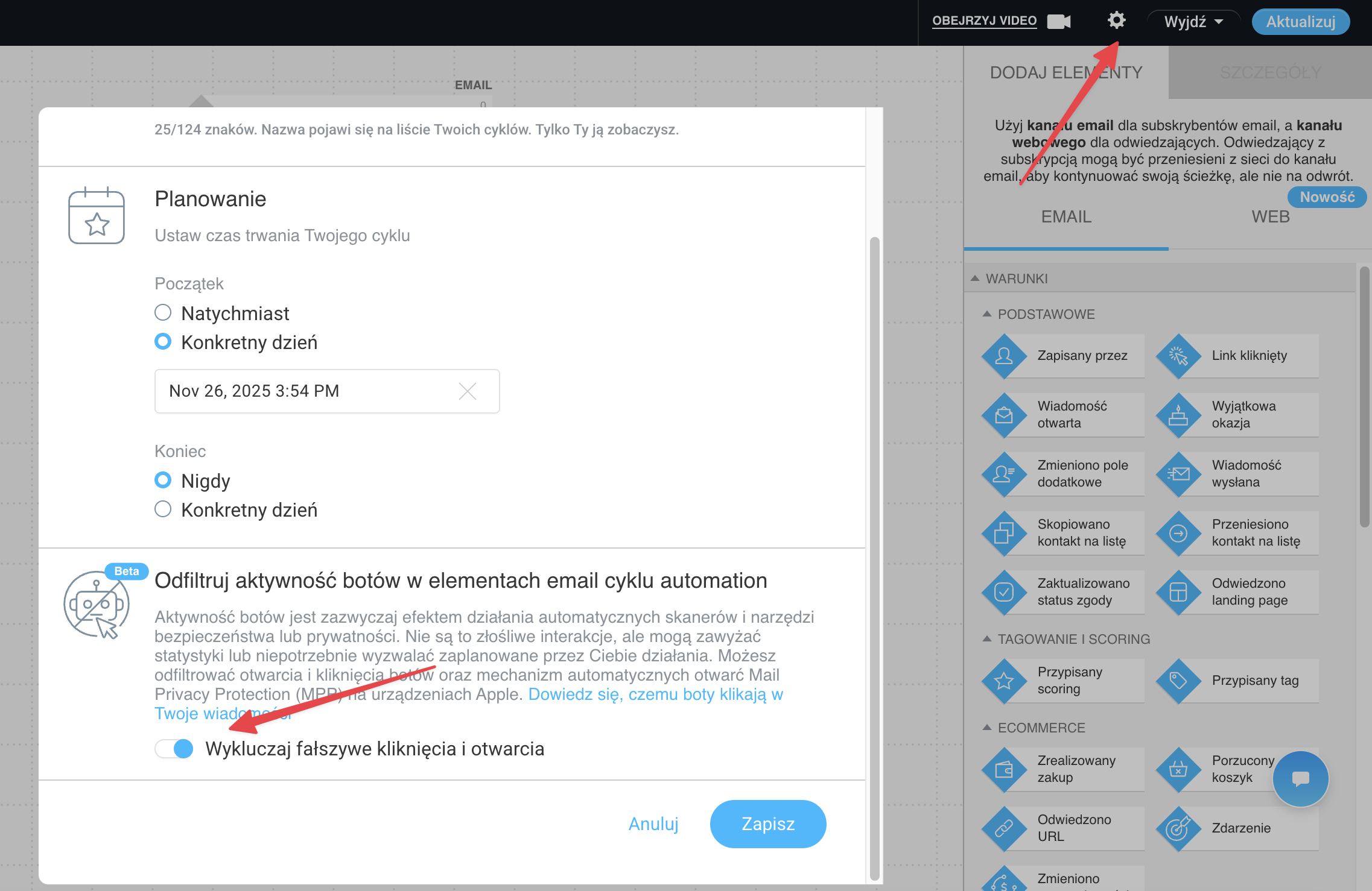 Opcja Wykluczaj fałszywe kliknięcia i otwarcia w edytorze automation.