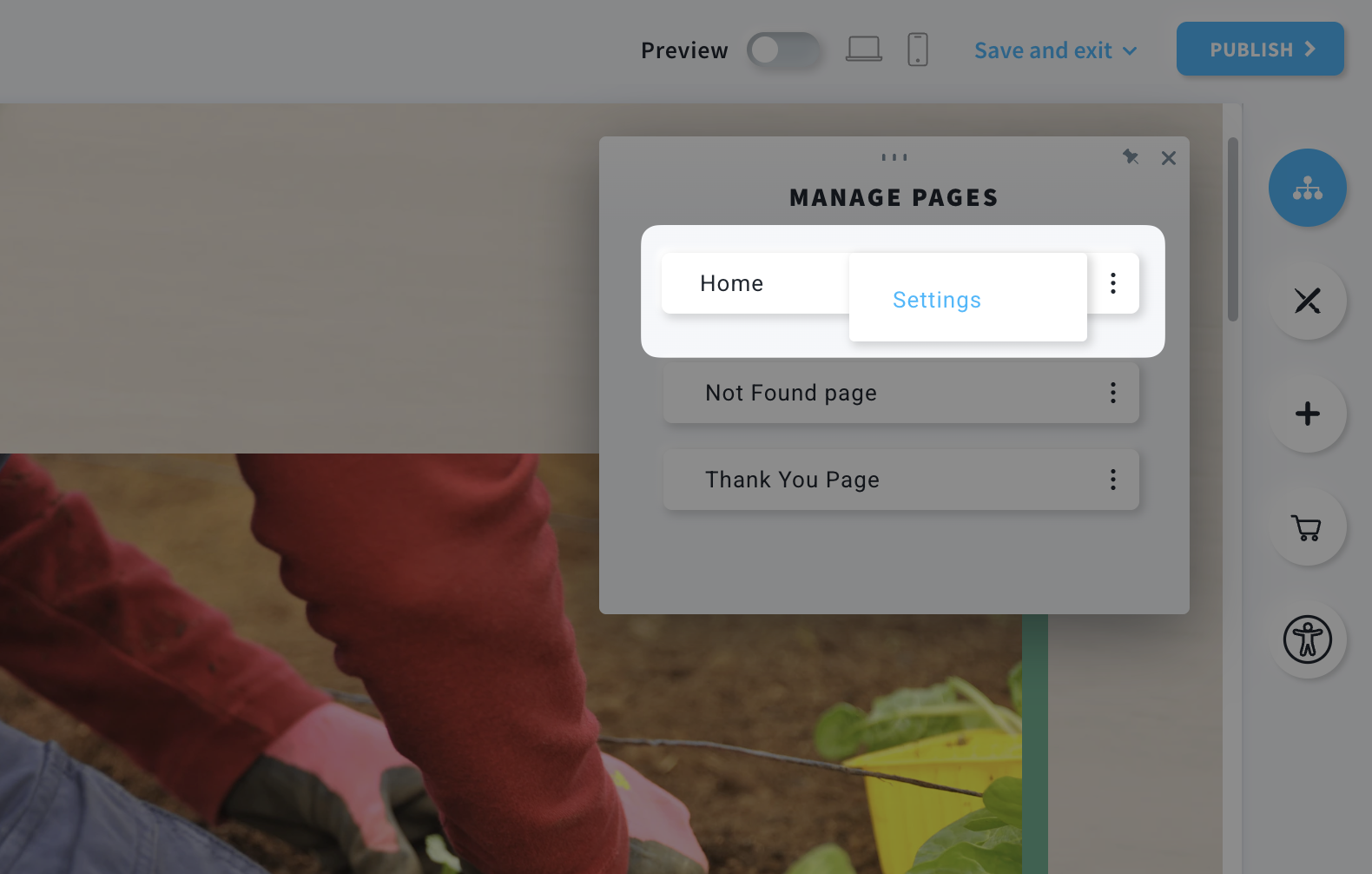 Accessing page settings in Landing Page editor