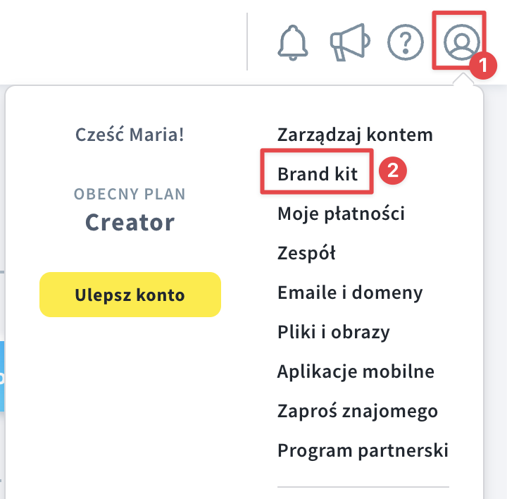 Obrazek pokazujący jak znaleźć opcję Brand kit w ustawieniach konta.