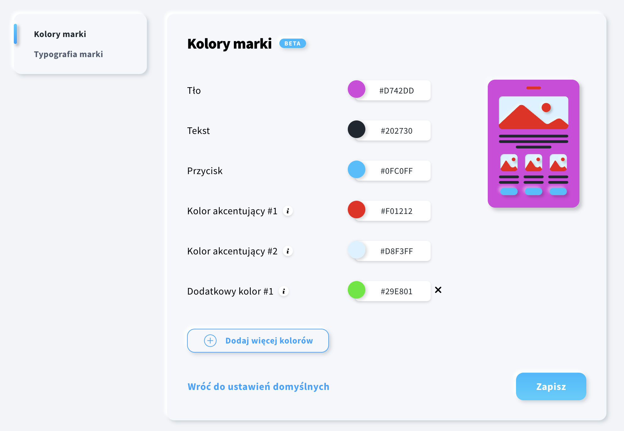 Zakładka „Kolory marki” w Brand kit, gdzie użytkownik może wybrać domyślne kolory dla tła, tekstu, przycisków i akcentów, a także dodatkowe kolory, które będą widoczne w palecie.