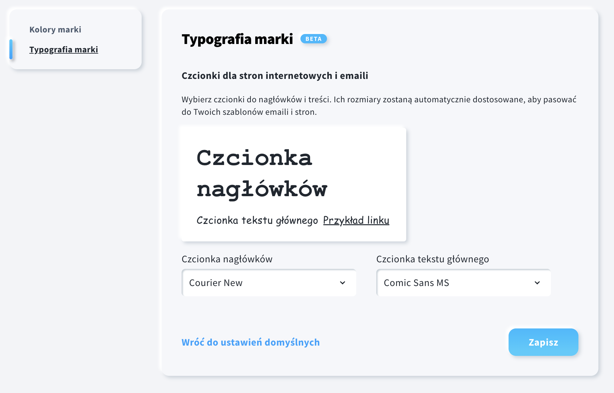 Sekcja „Typografia marki” w Brand kit, w której użytkownik może wybrać domyślne fonty marki dla nagłówków i tekstu głównego.