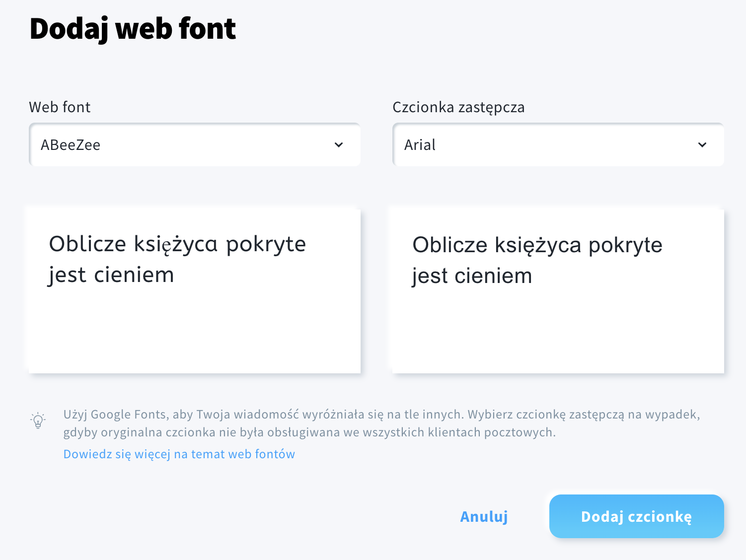 Dodawanie czcionki web i czcionki zastępczej.