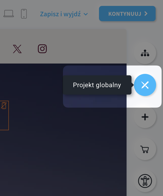 Sekcja Projekt globalny w edytorze stron w GetResponse.
