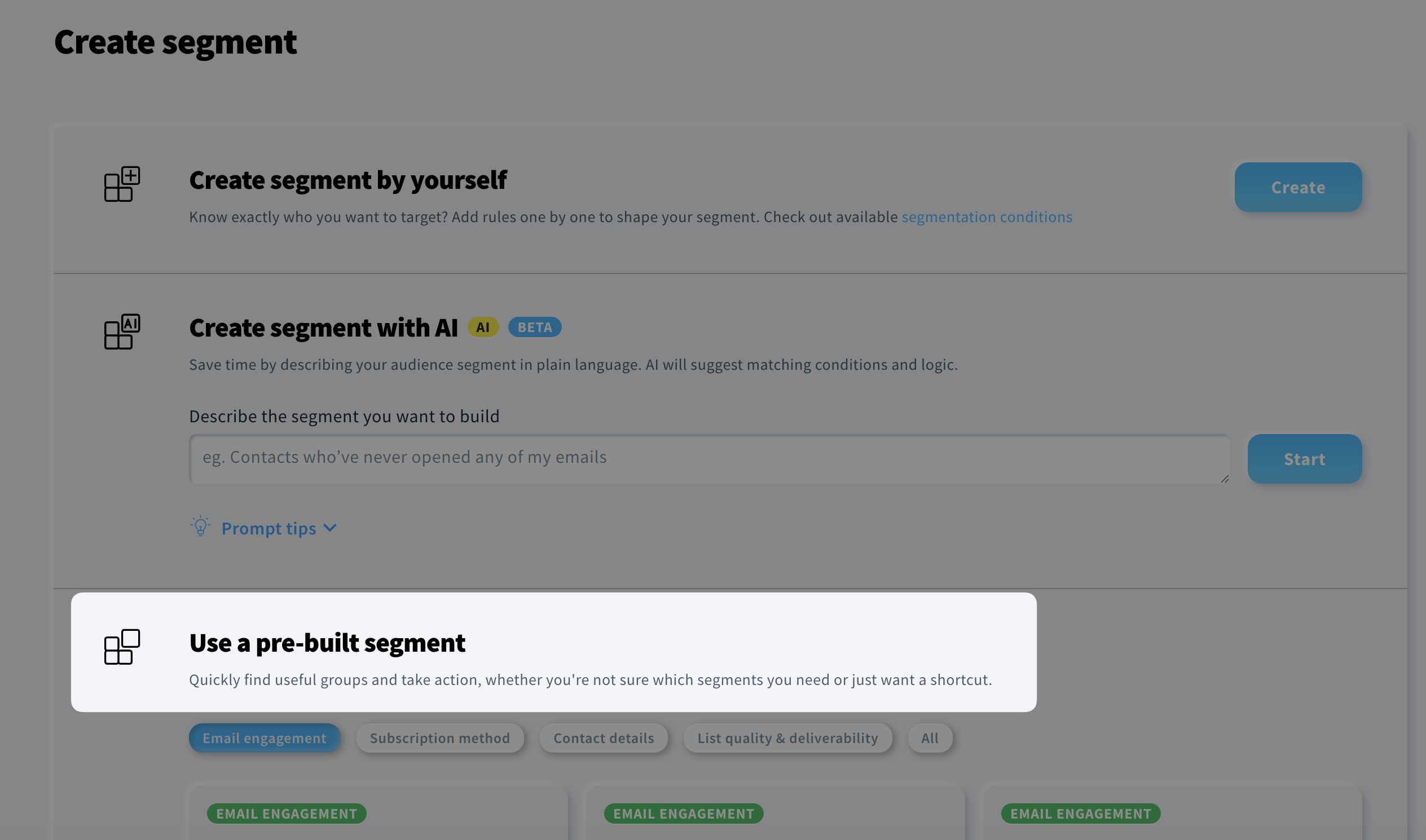 "Use a pre-built segment" in new segmentation