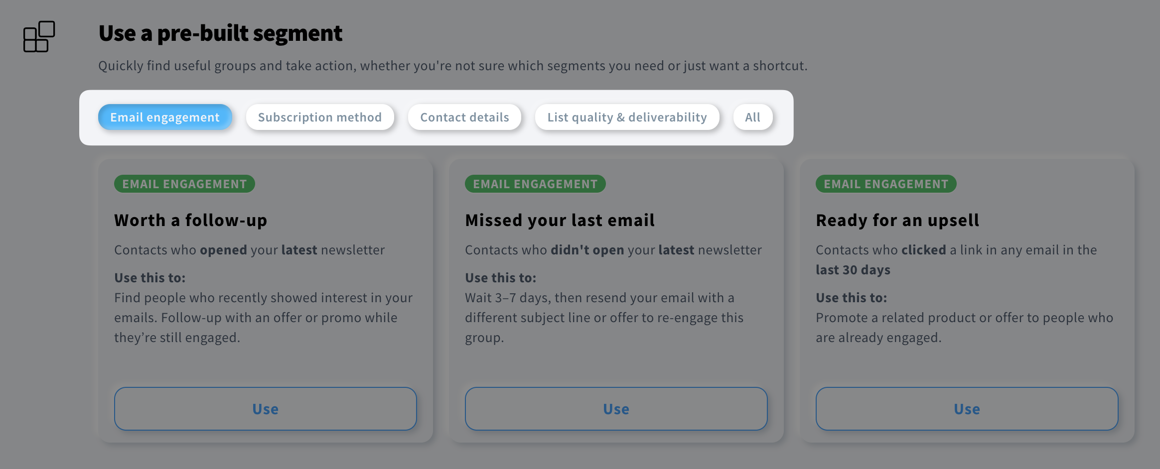 Pre-built segment category selection
