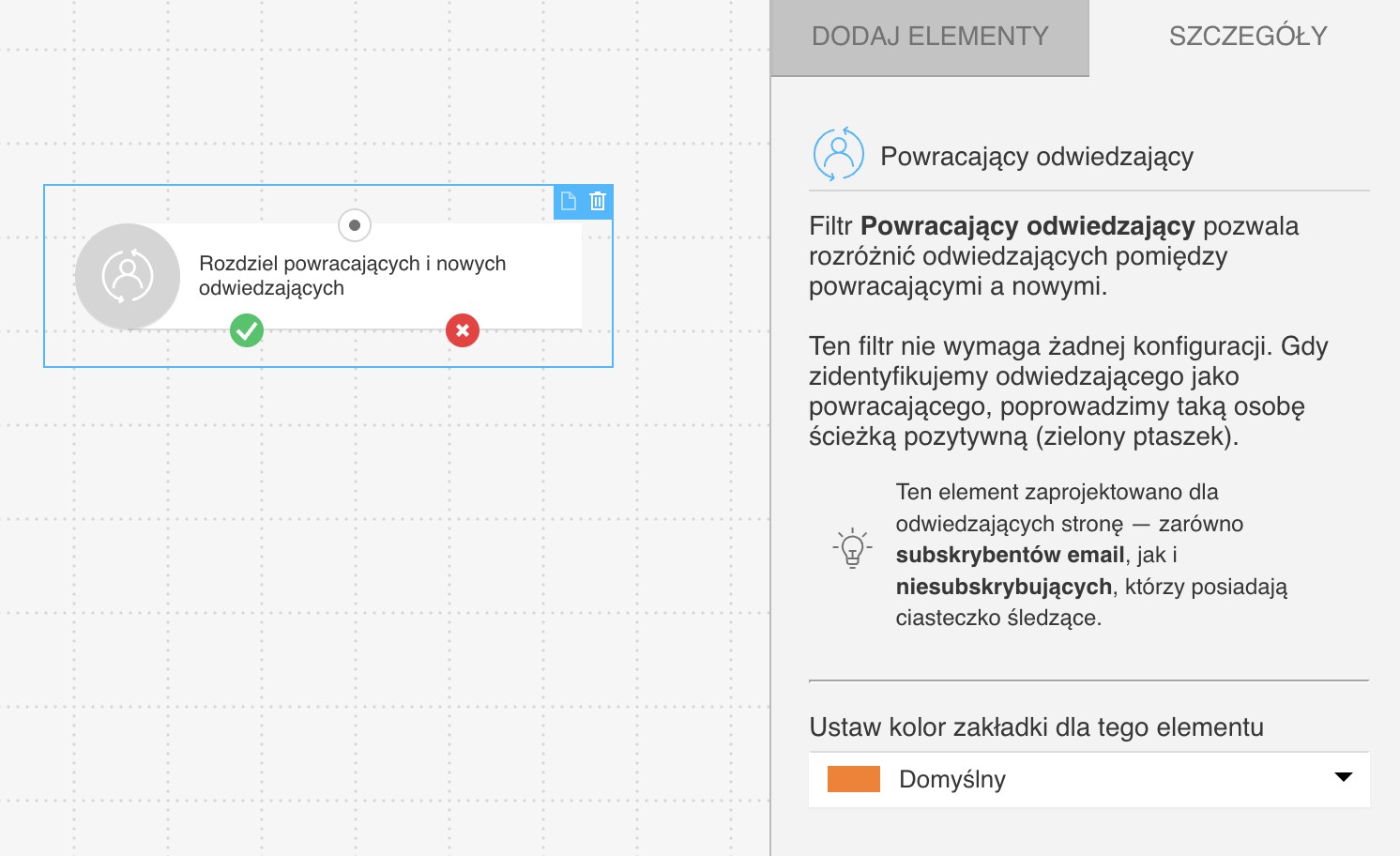Szczegóły filtra 'powracający odwiedzający' w kanale Web automatyzacji