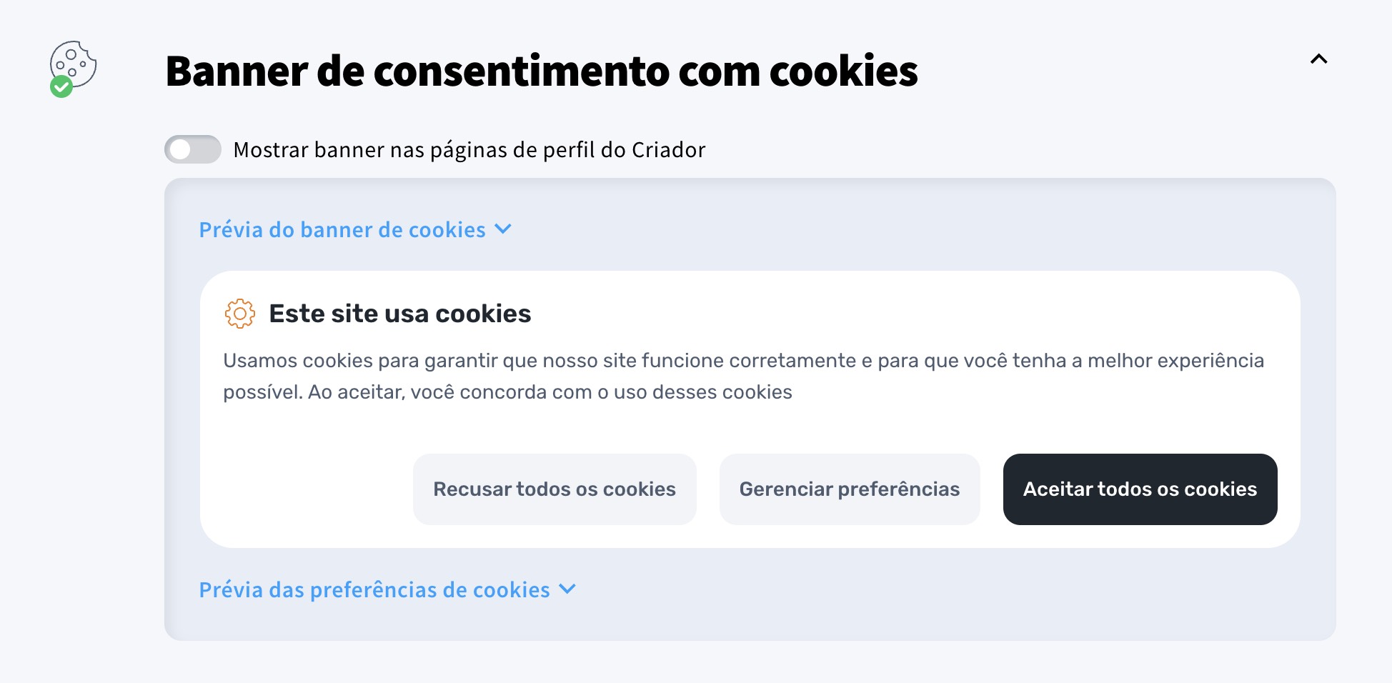 Banner de consentimento de cookies nas definições do perfil do criador
