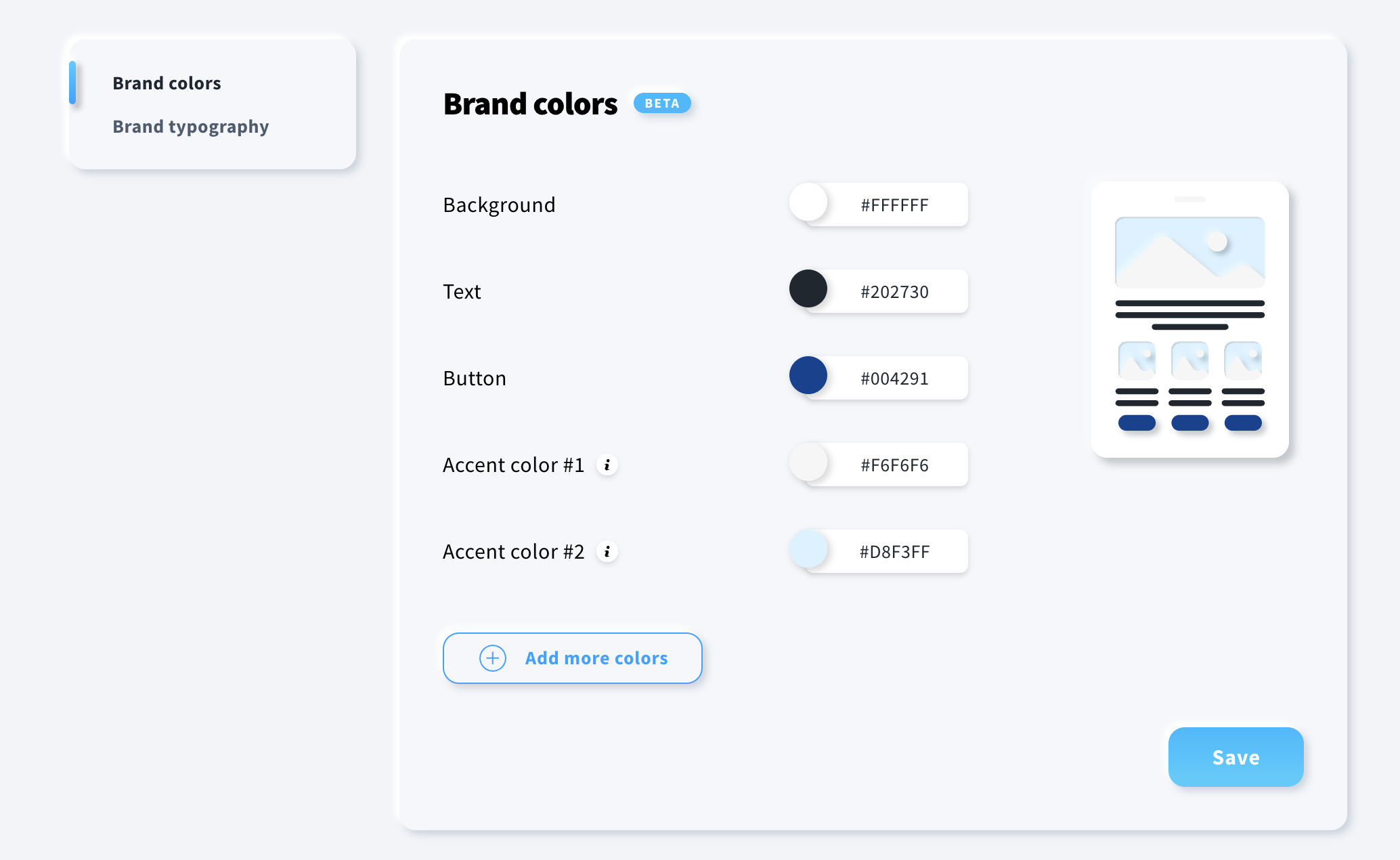Brand colors tab in Brand kit where user can select default colors for background, text, buttons, accent, as well as additional colors that will show up in the palette.