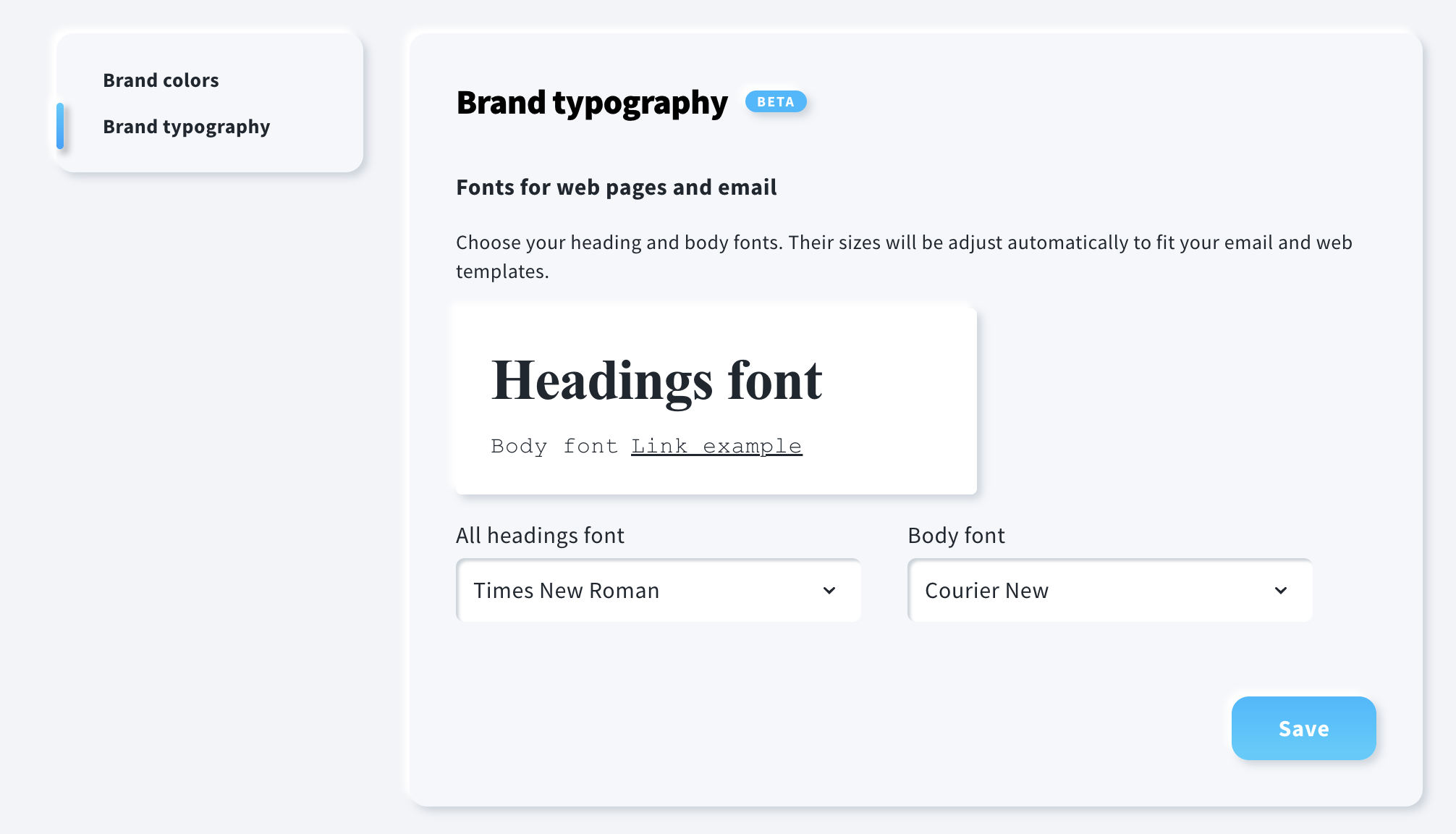 Brand typography section in Brand kit where user can select default brand fonts for heading and body.