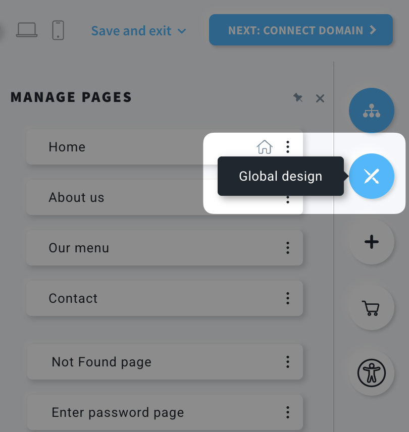 Global design section in the website/landing page editor.