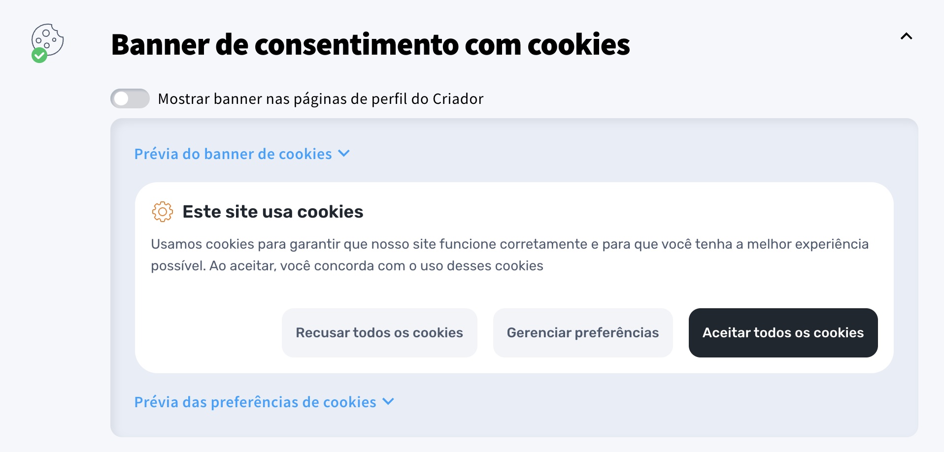 Banner de consentimento de cookies nas configurações do perfil do criador