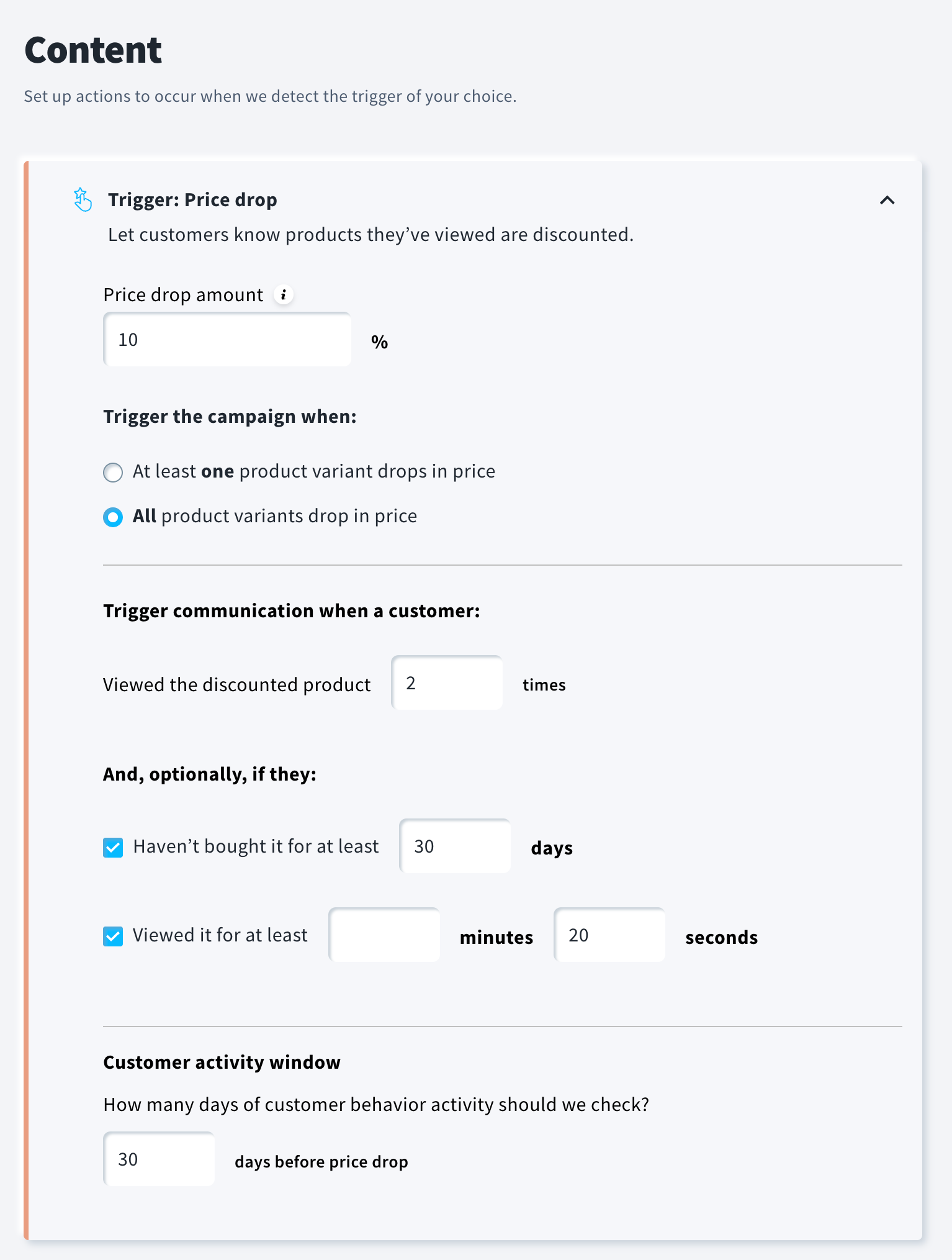 price drop trigger settings
