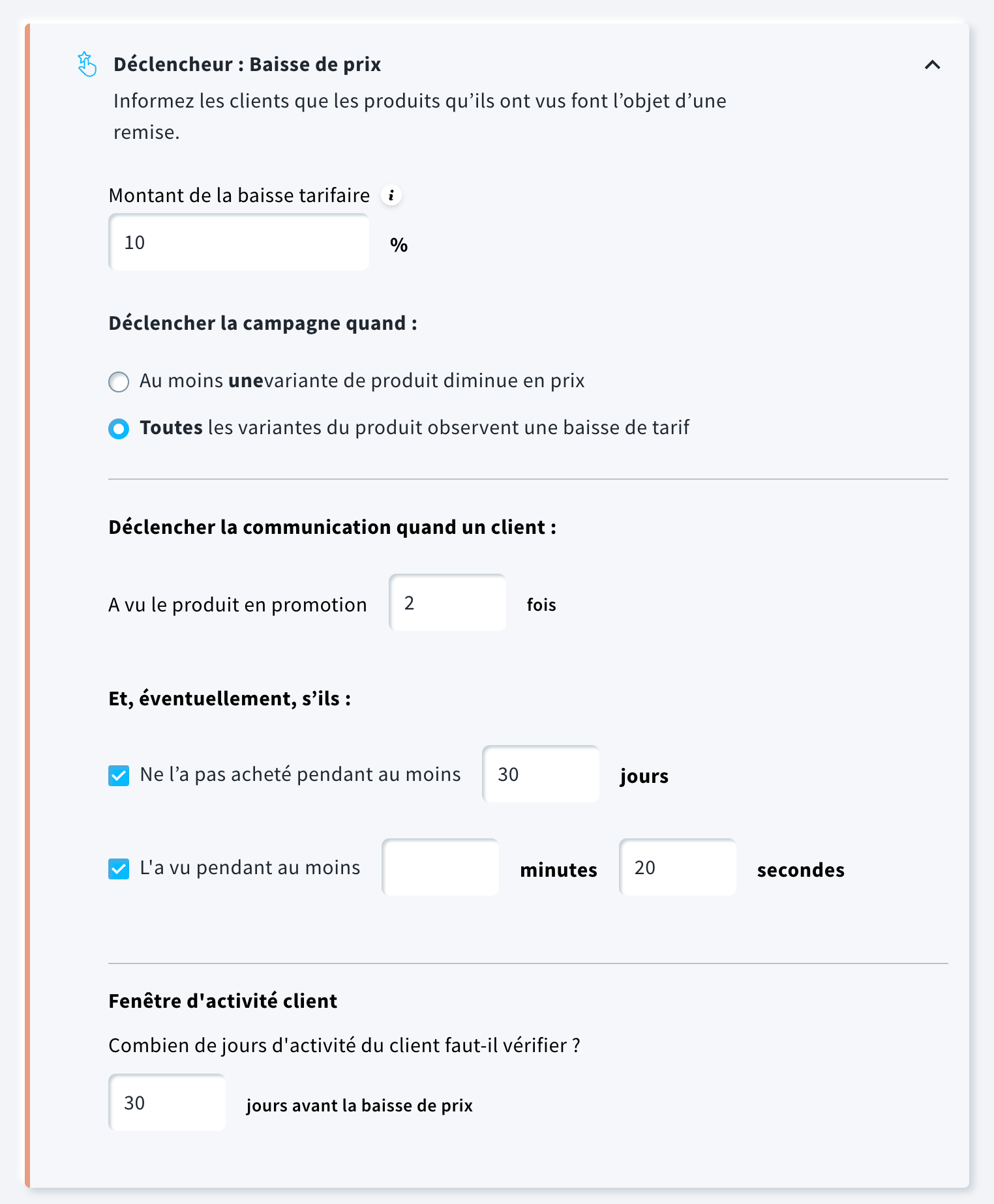 Paramètres de déclenchement de baisse de prix.