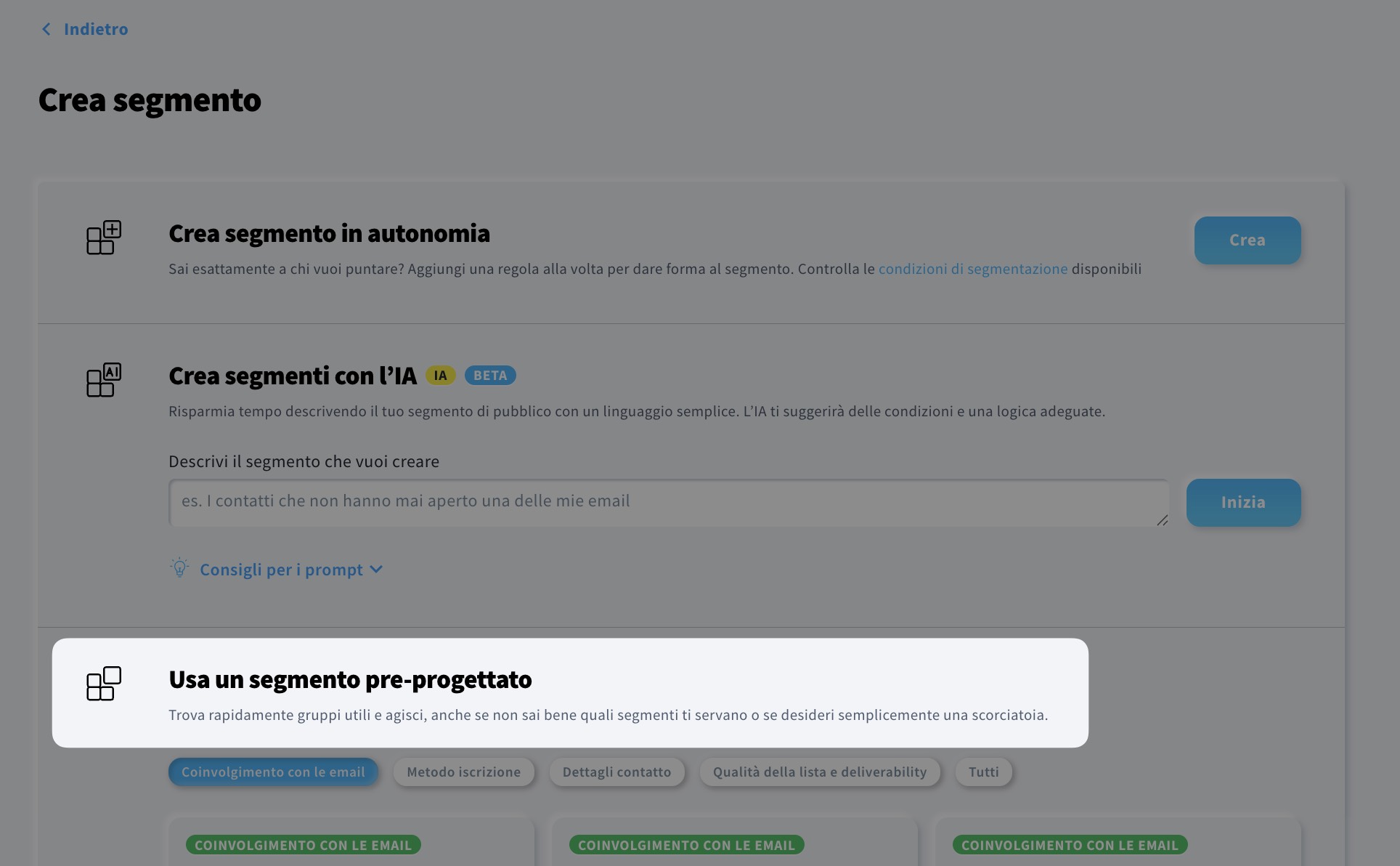 Usa un segmento pre-progettato sezione