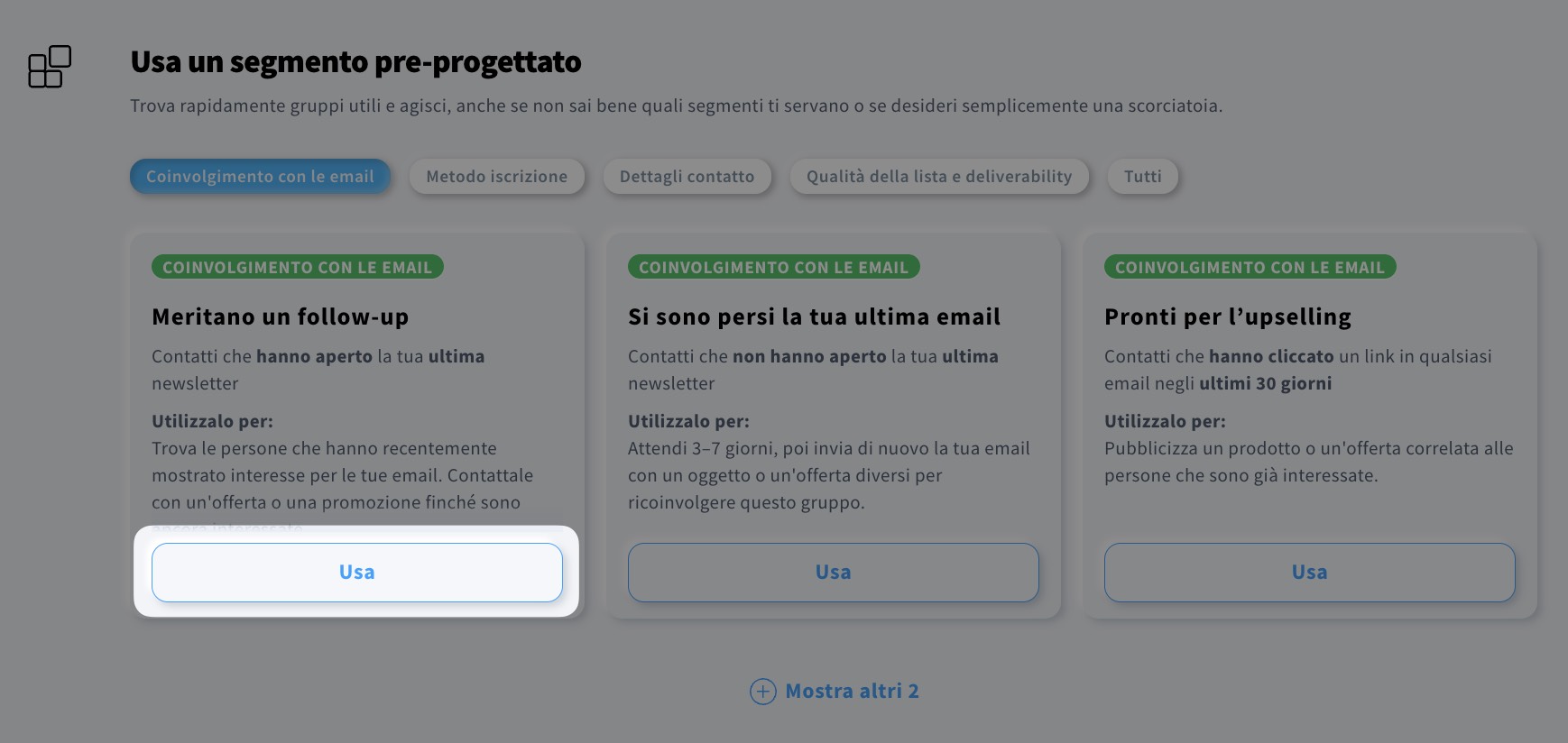 usa opzione segmento