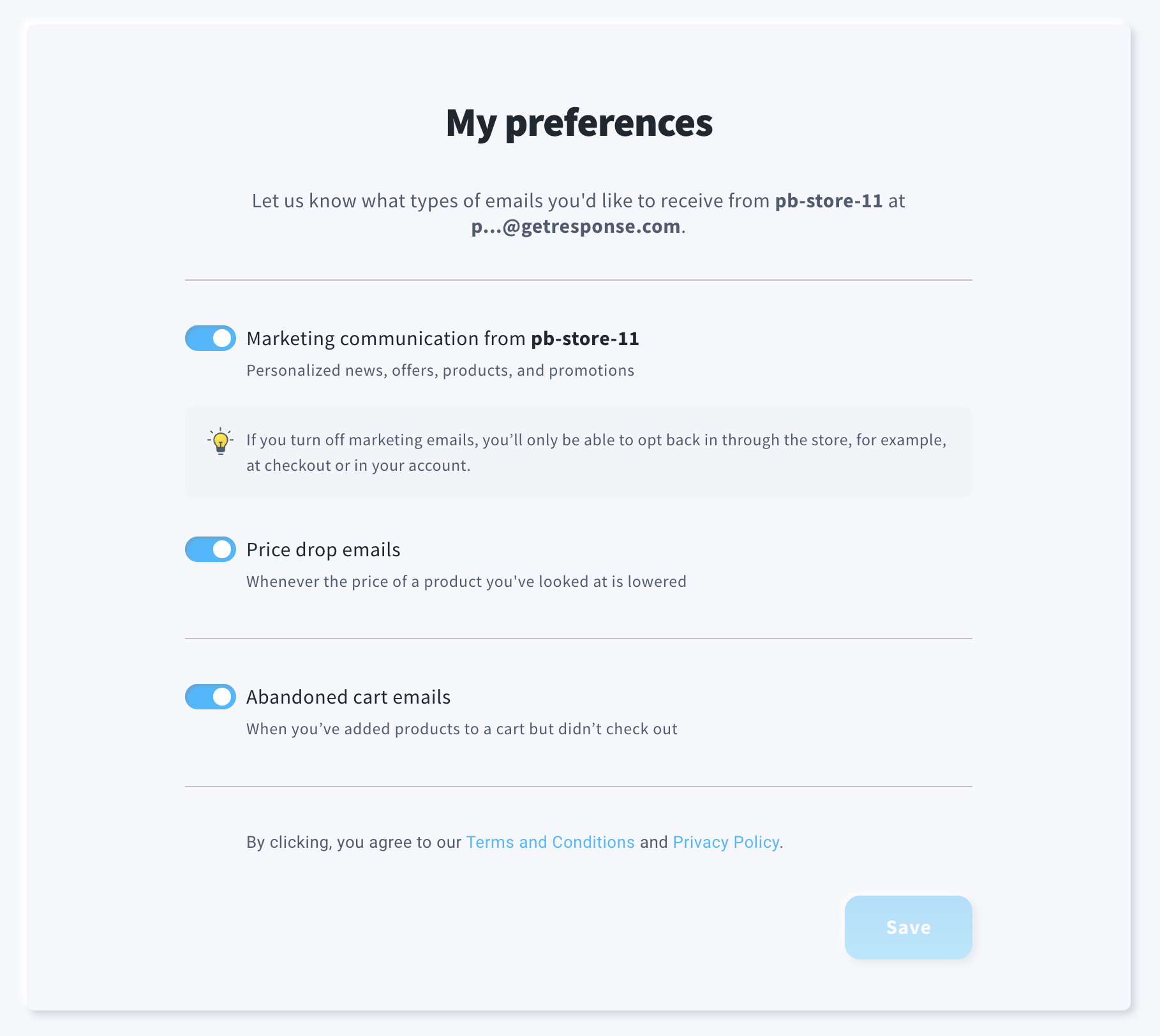 preferences screen with sliding options to receive marketing communications