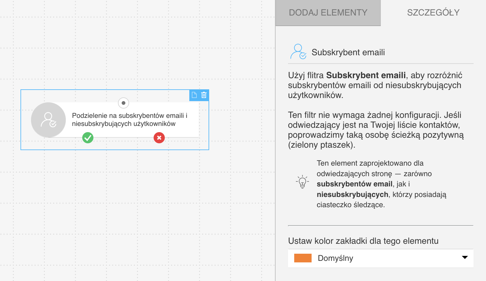 Szczegóły i opis filtra Subskrybent emaili w edytorze automation w GetResponse.