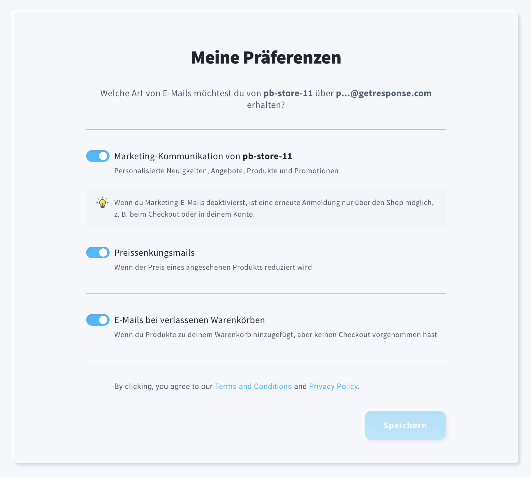 Präferenz‑Center‑Ansicht mit Schiebereglern für den Erhalt von Marketing‑Mitteilungen