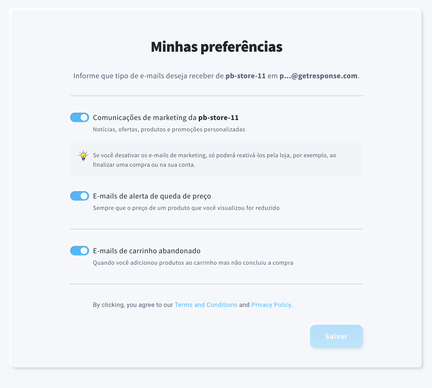Tela de preferências com opções deslizantes para receber comunicações de marketing