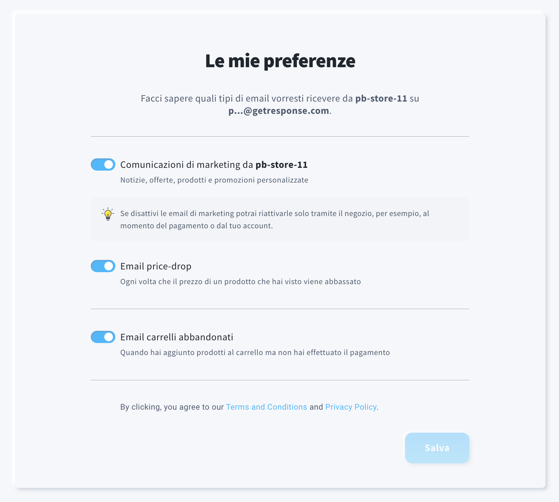 Schermata delle preferenze con opzioni a scorrimento per ricevere comunicazioni di marketing