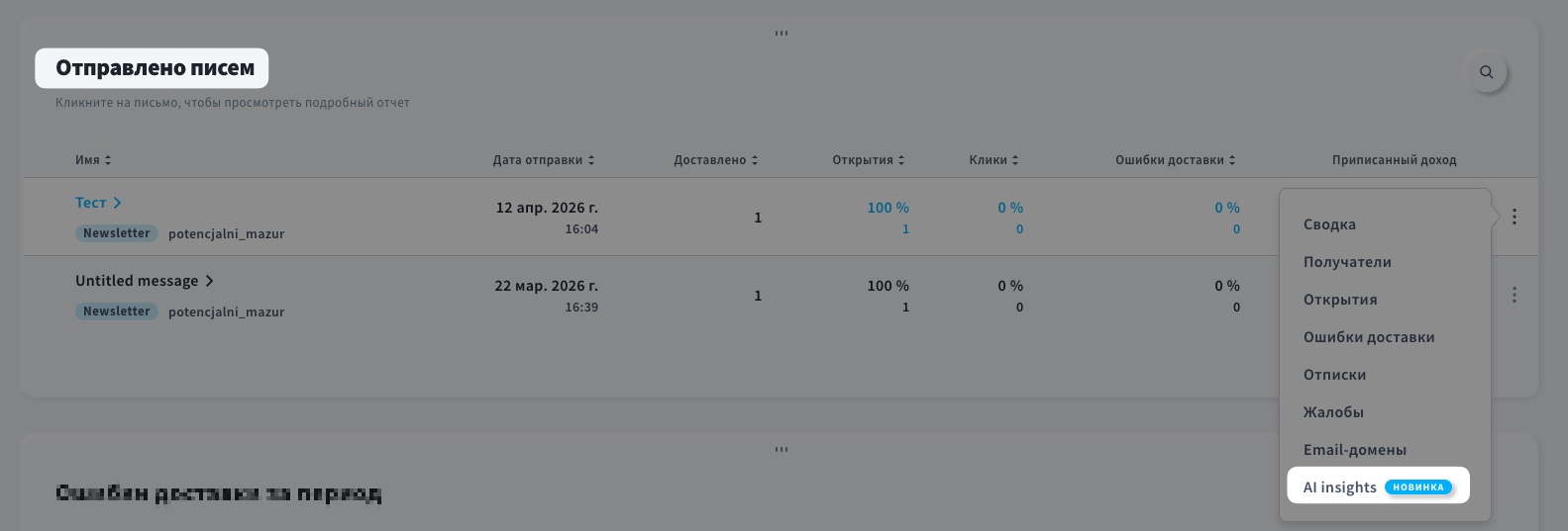 Опция «Аналитика ИИ» находится в разделе «Отправленные сообщения» на вкладке «Отчеты».