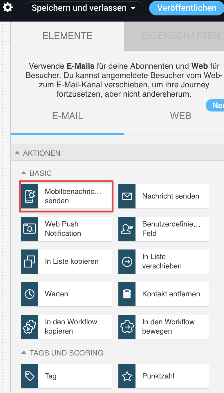 Aktion Mobilbenachrichtigung senden in einem Workflow