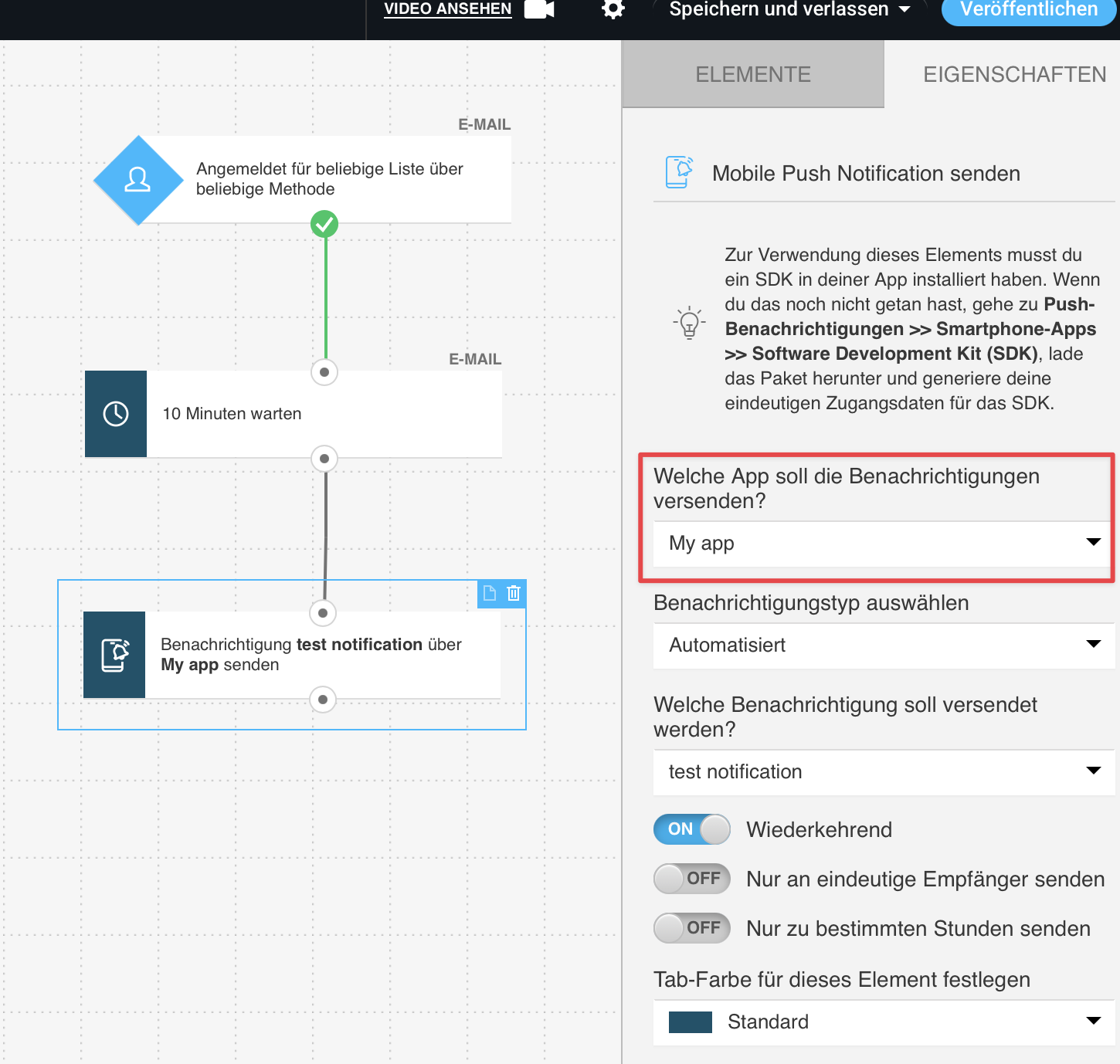 Welche App soll die Benachrichtigungen versenden?