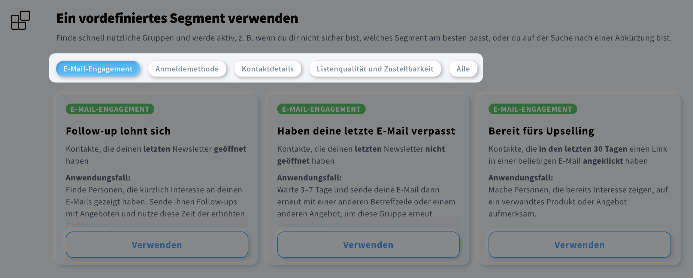 Auswahl der Kategorie für vordefinierte Segmente