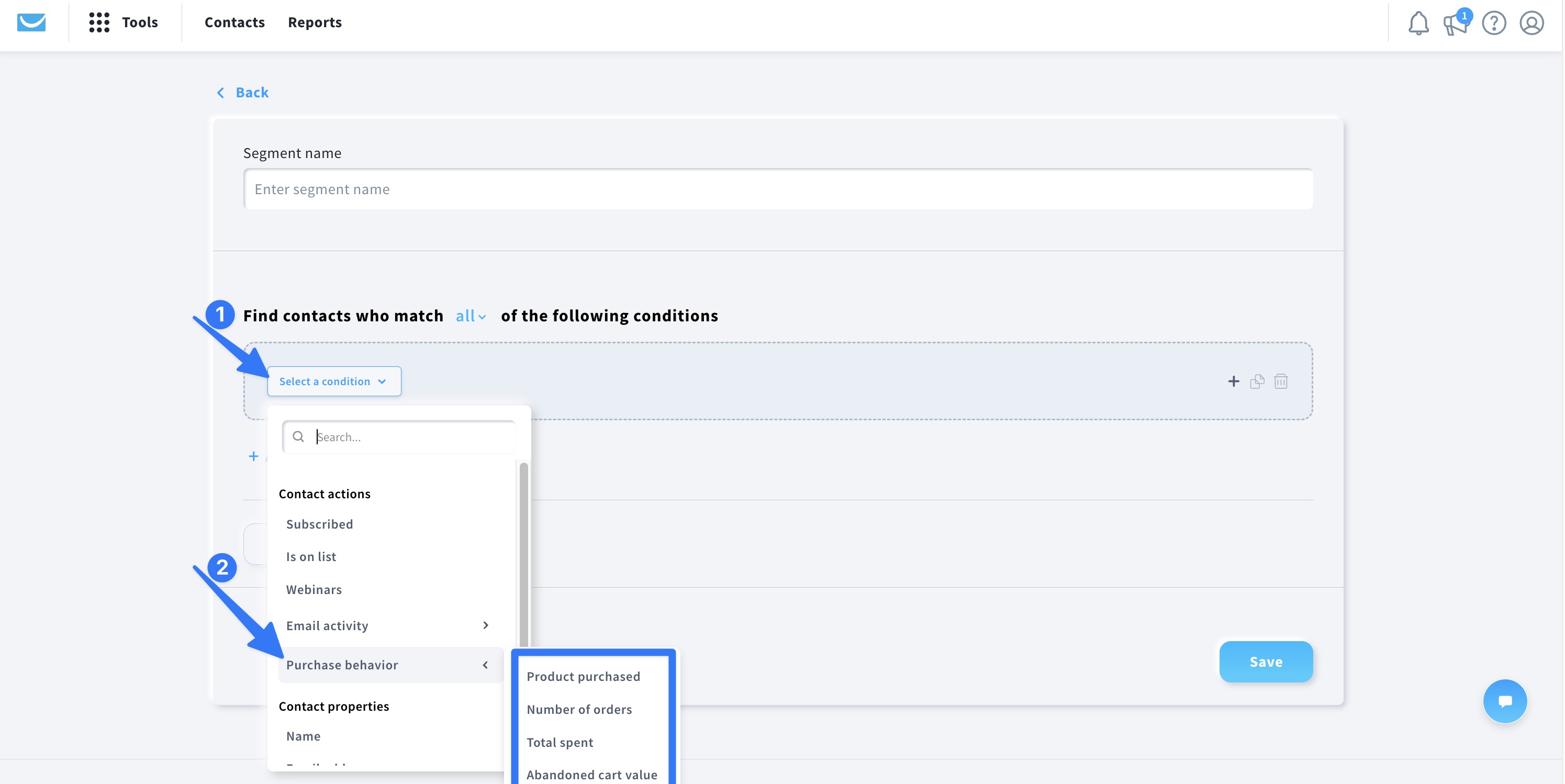 Display of how to access ecommerce conditions on the segment creation page.