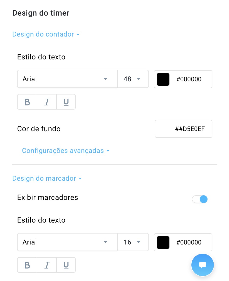Configurações de design do temporizador