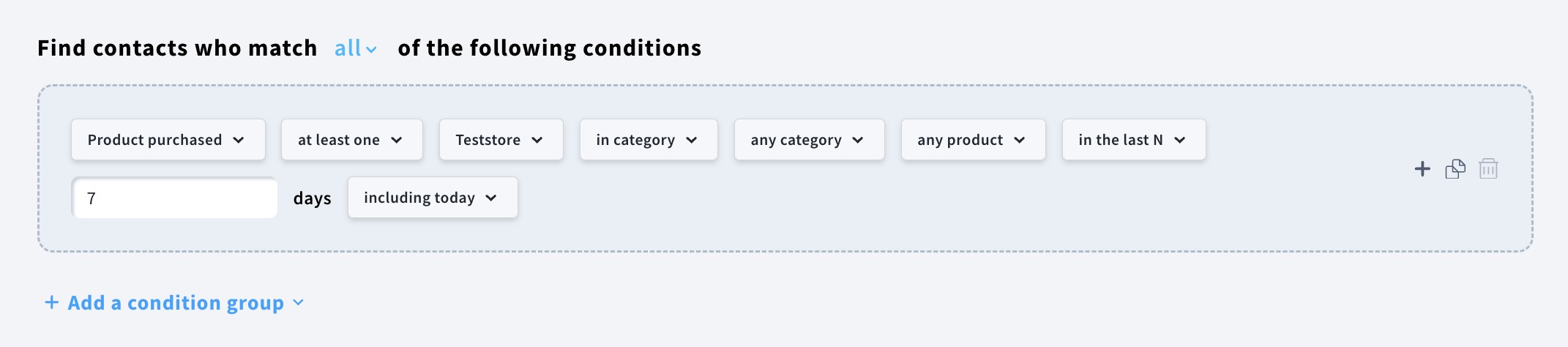 Example of a product purchased ecommerce condition.