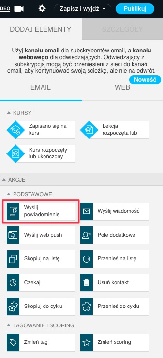 Akcja Wyślij powiadomienie mobilne w cyklu automation