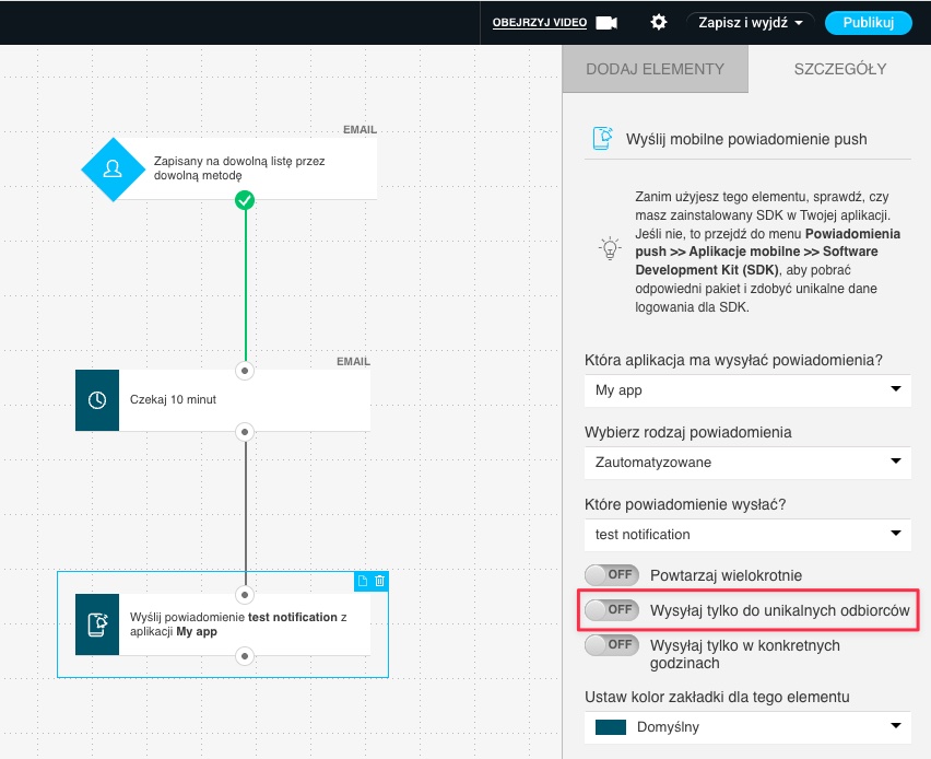 Przełącznik wysyłania tylko do unikalnych odbiorców