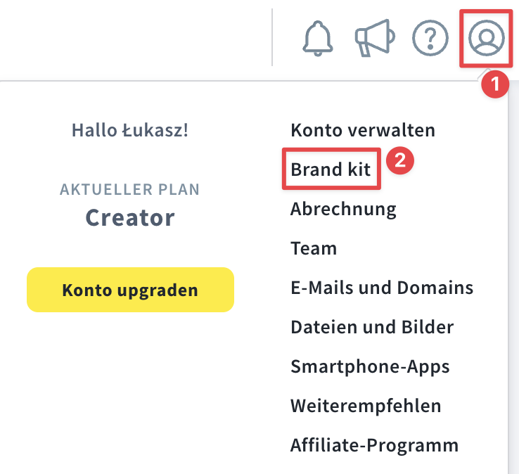 So finden Sie die Brand‑Kit‑Funktion unter dem Profilsymbol