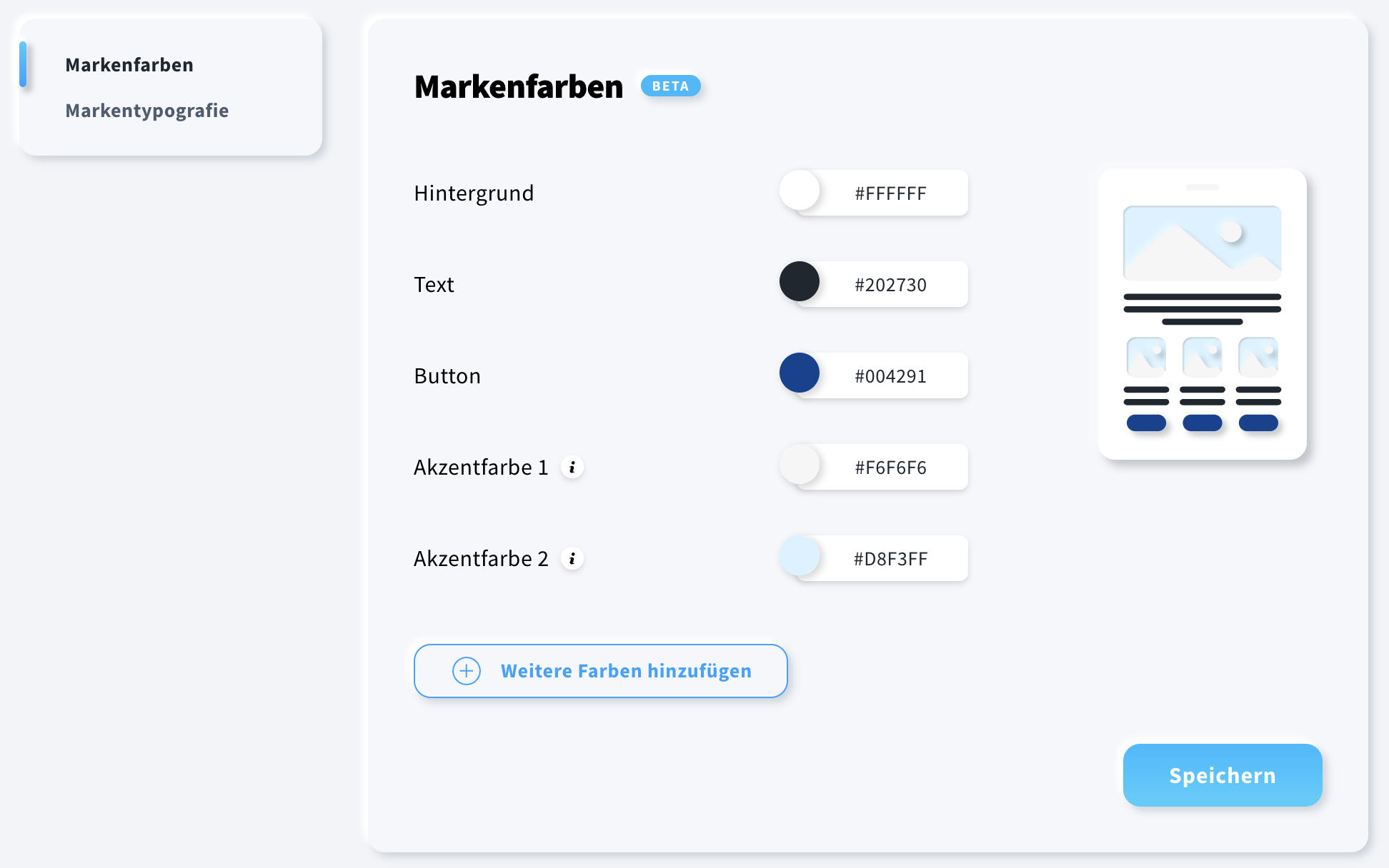 Registerkarte Markenfarben im Brand Kit, in der Nutzer Standardfarben für Hintergrund, Text, Schaltflächen und Akzent sowie zusätzliche Farben auswählen können, die in der Palette angezeigt werden.
