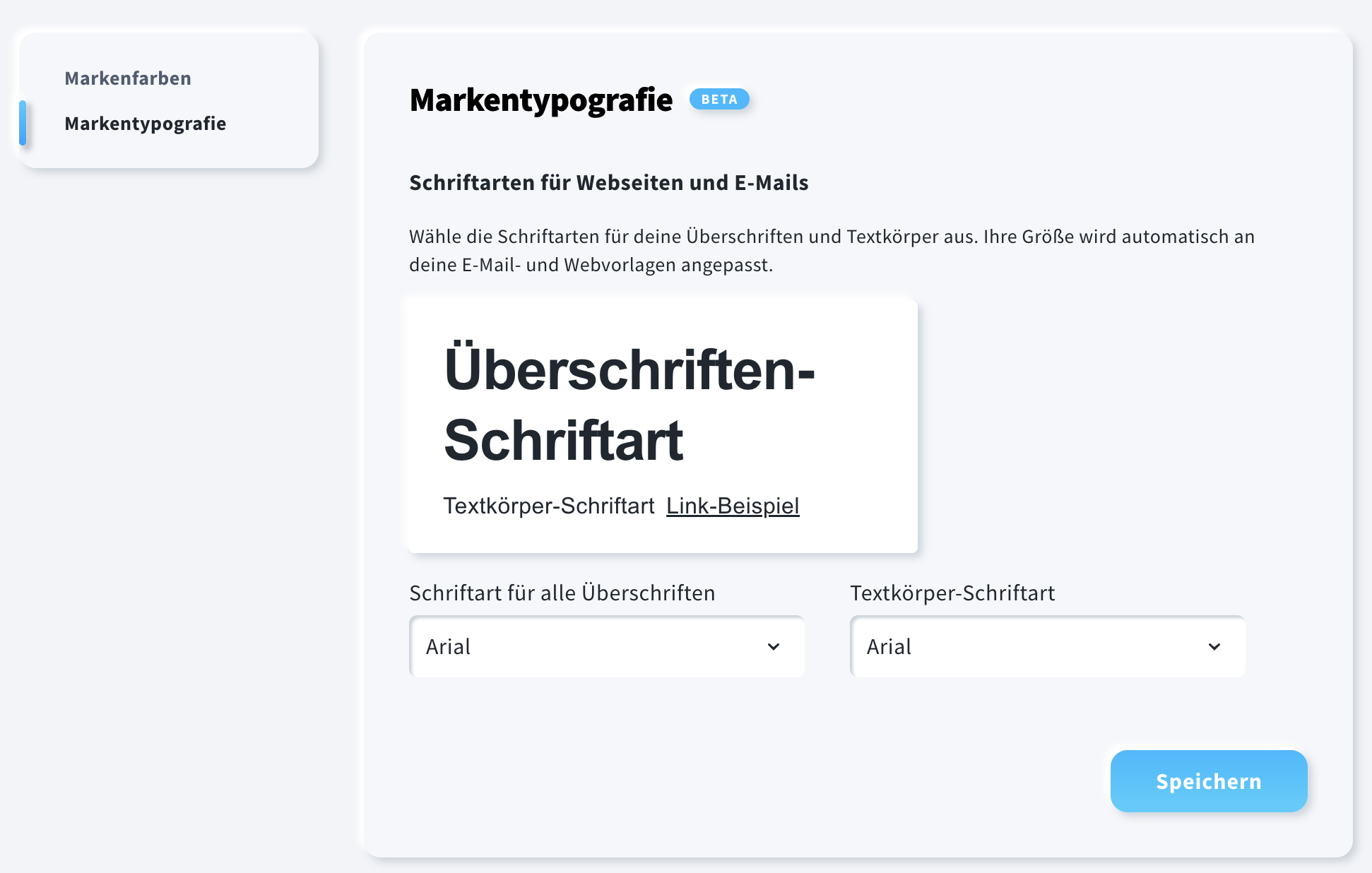 Bereich Markentypografie im Brand Kit, in dem Nutzer die Standard-Markenschriften für Überschriften und Fließtext auswählen können.