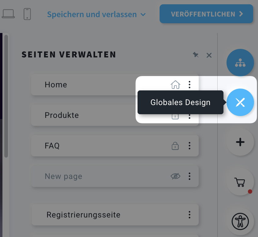 Bereich Globales Design im Website‑/Landing page Editor