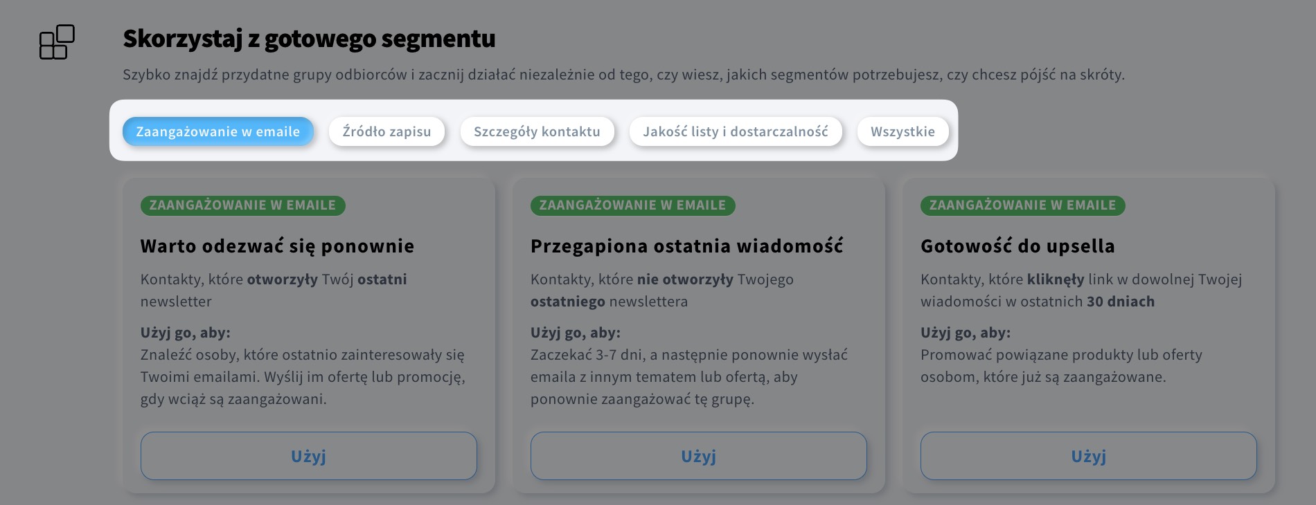 „Kategorie” gotowych segmentów w nowej wersji segmentacji.