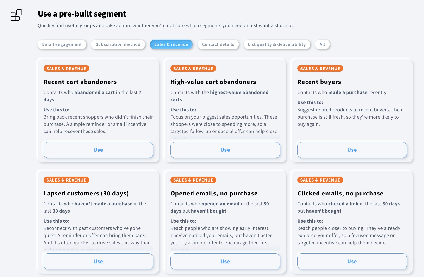 View of the sales & revenue pre-built segments category.