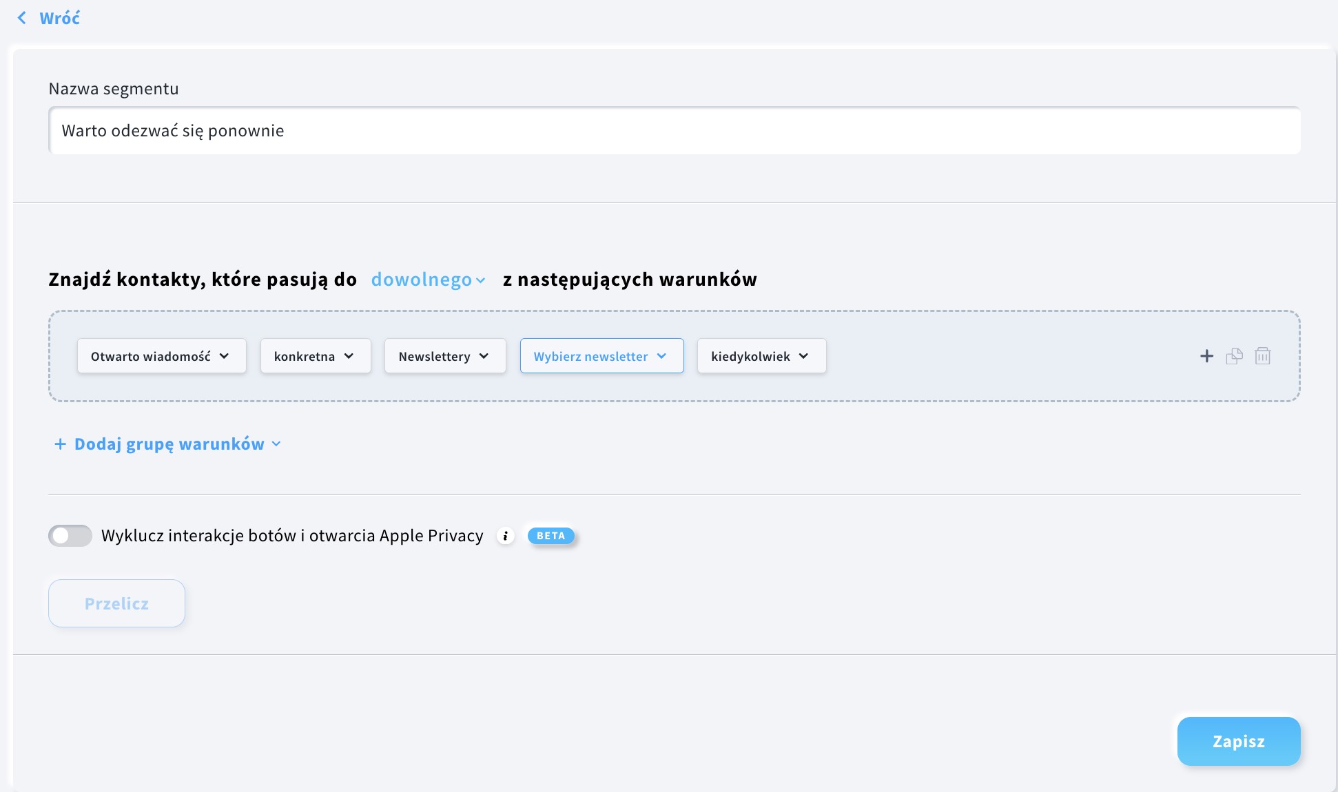 Ekran tworzenia segmentu w nowej wersji segmentacji.
