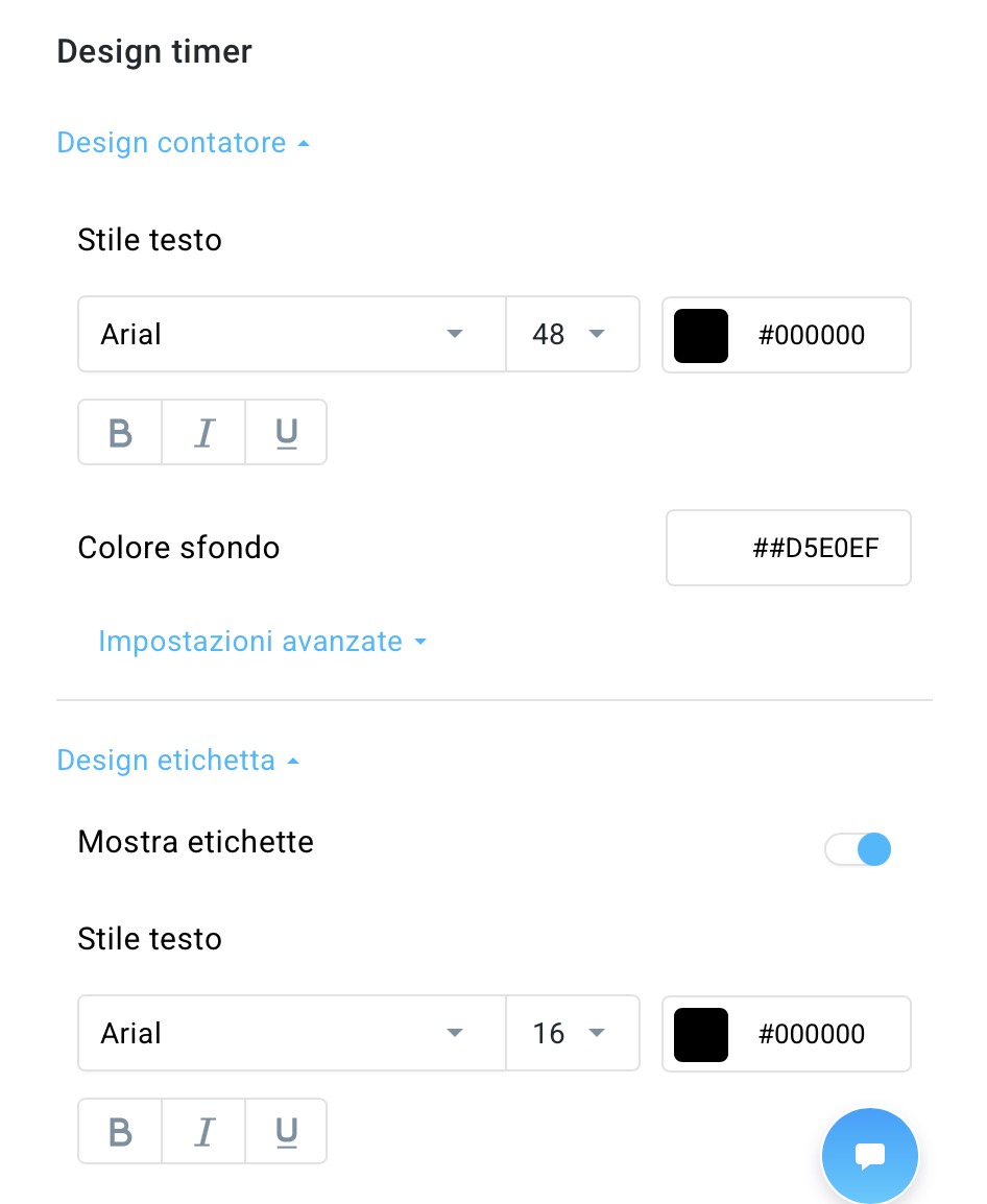 Impostazioni di progettazione del timer