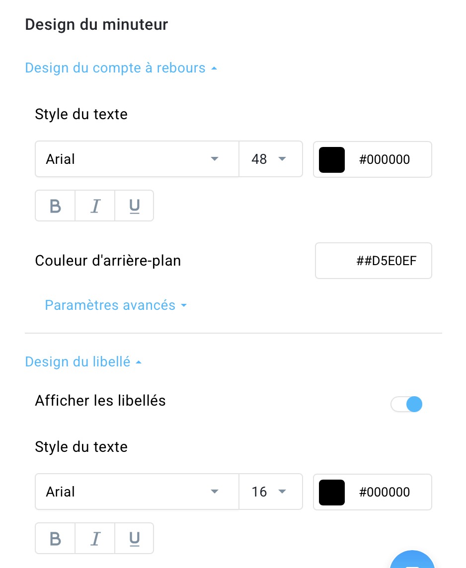 Paramètres de conception de la minuterie