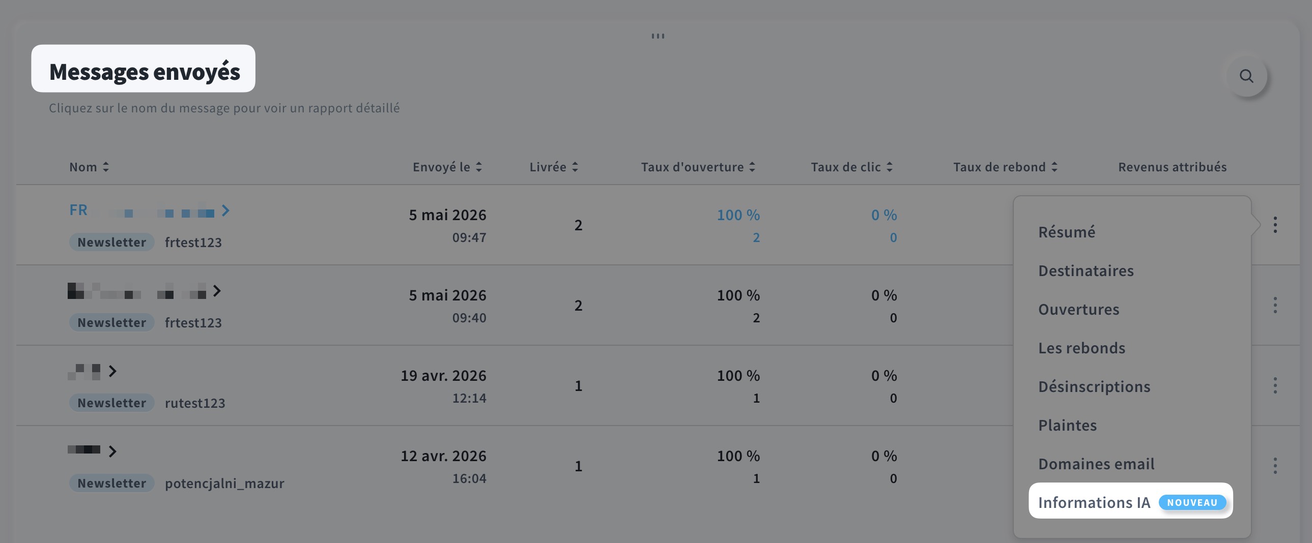 Option AI Insights dans la section Messages envoyés de l'onglet Rapports