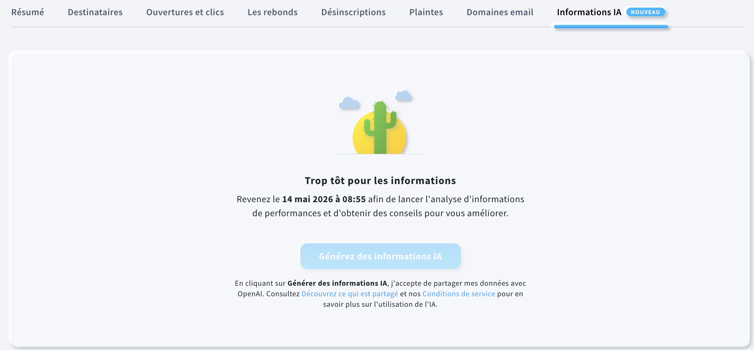 Vue de l'écran affichée lorsqu'il est trop tôt pour générer des informations issues de l'IA